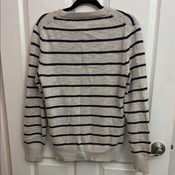 J. Crew Grey Crewneck Cotton Knit Sweater with Dark Navy Stripes - Picture 3 of 4